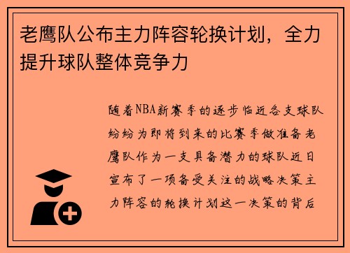 老鹰队公布主力阵容轮换计划，全力提升球队整体竞争力